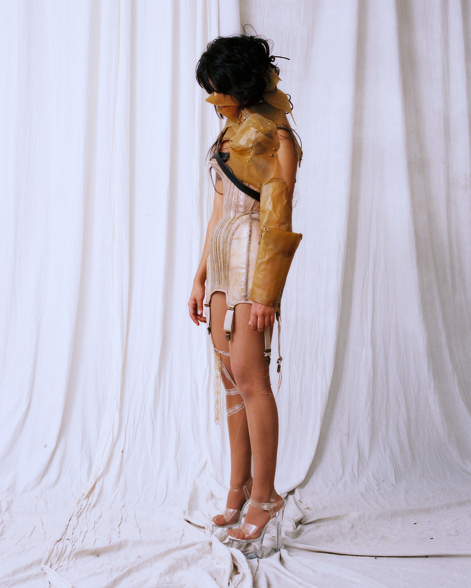 Divya Gupta — Reliquary Corset Dress side view with sculpted shoulder piece