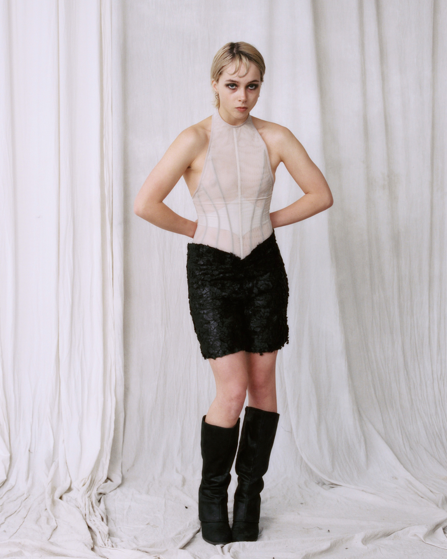 Lee Lynshue — second look, sheer boned halter corset over astrakhan shorts