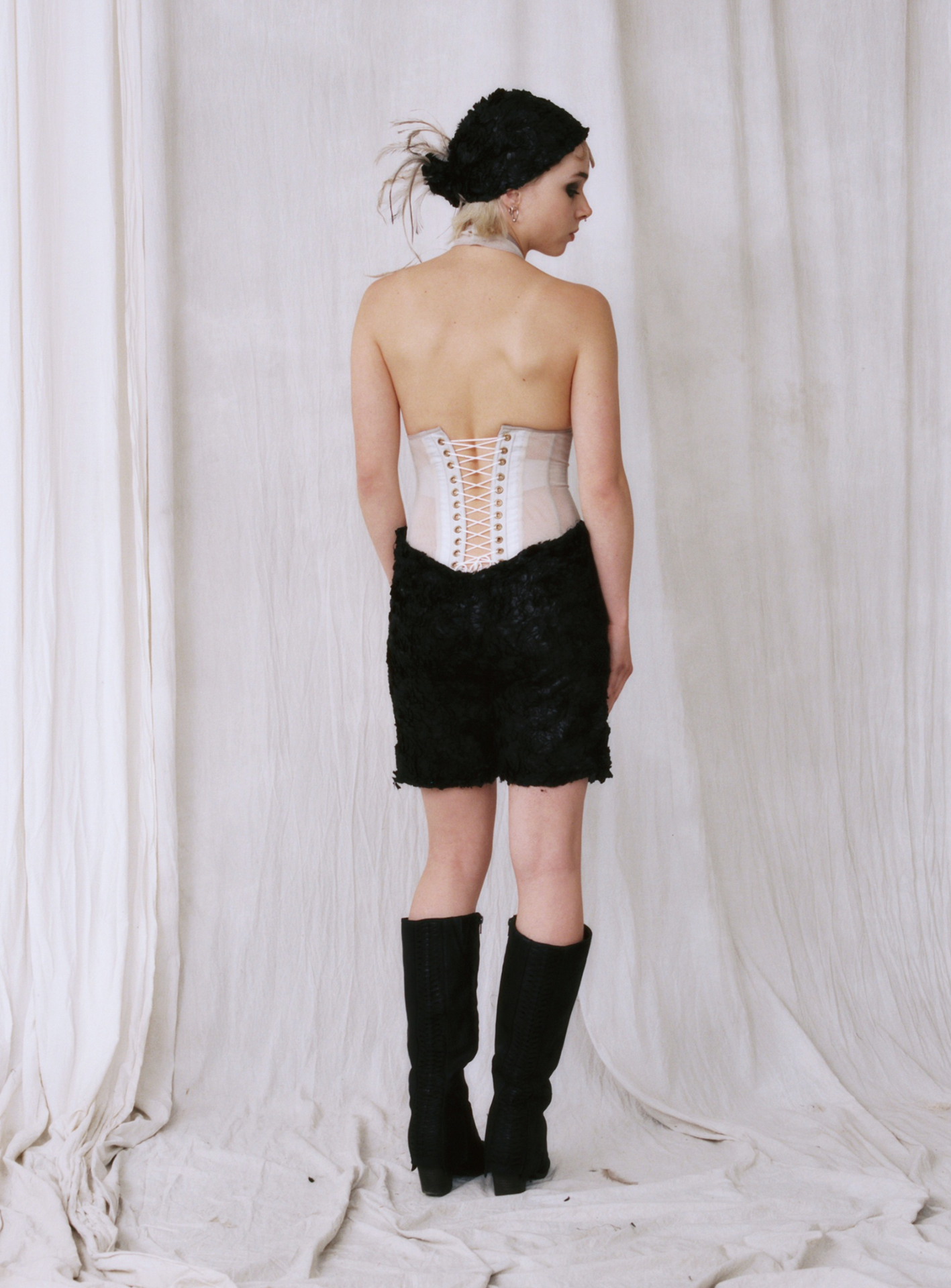 Astrakhan Shorts & Boned Halter Corset — back view