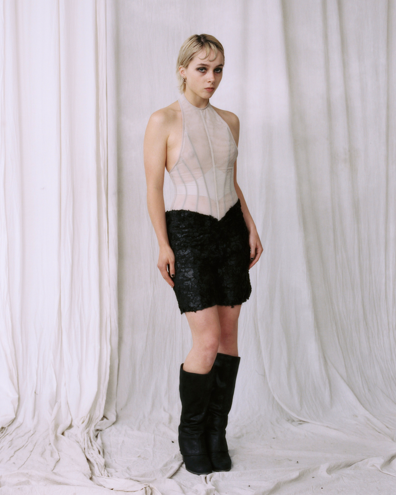 Astrakhan Shorts & Boned Halter Corset — front view